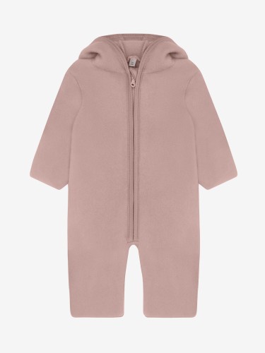 HUTTEliHUT Pram Suit Ears Wool Fleece Mahogany Rose – kombinezon niemowlęcy z wełny merino, widok z przodu