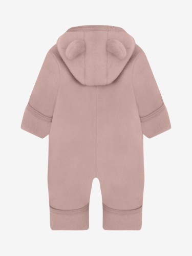 HUTTEliHUT Pram Suit Ears Wool Fleece Mahogany Rose – kombinezon merino z kapturem i uszkami, widok z tyłu