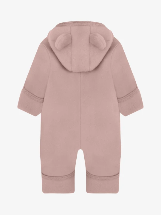 HUTTEliHUT Pram Suit Ears Wool Fleece Mahogany Rose – kombinezon merino z kapturem i uszkami, widok z tyłu