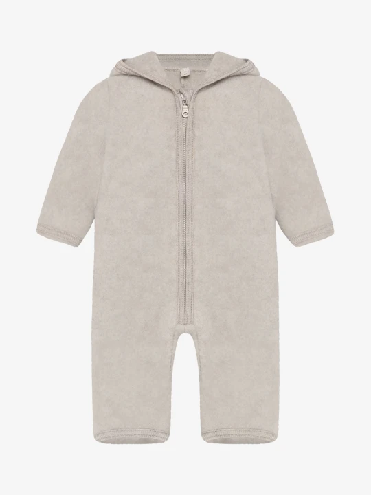 HUTTEliHUT Pram Suit Ears Wool Fleece Camel Melange – kombinezon z wełny merino, widok z przodu