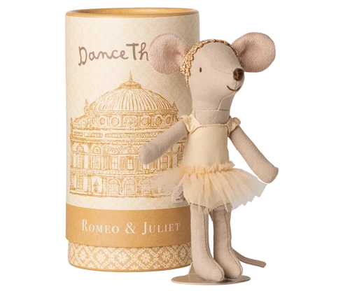 Maileg Ballet Dancer Mouse Big Sister myszka baletnica ze stojakiem i ozdobną tubą