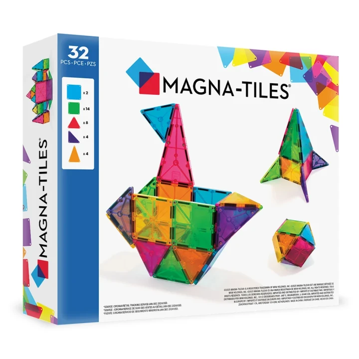 MAGNA-TILES Classic 32 el. – opakowanie i przykładowe konstrukcje