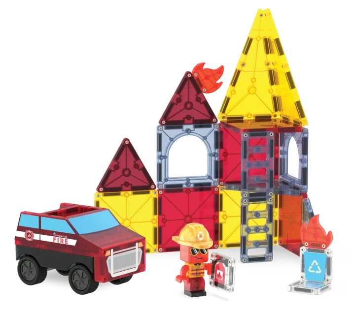 MAGNA-TILES Fire Rescue 27 – pojazd Pullback, Fire Chief i strażacka konstrukcja