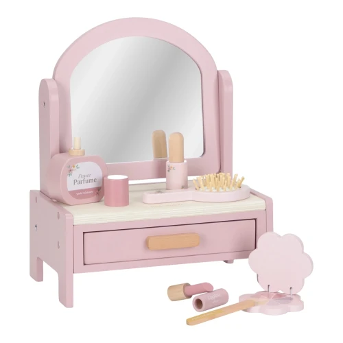 Little Dutch Essentials Pink drewniana toaletka z obrotowym lustrem, szufladką i akcesoriami