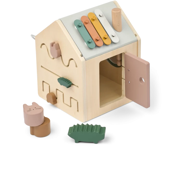 Liewood Lucas Activity Cube drewniany sorter z lusterkiem, labiryntem i drzwiczkami