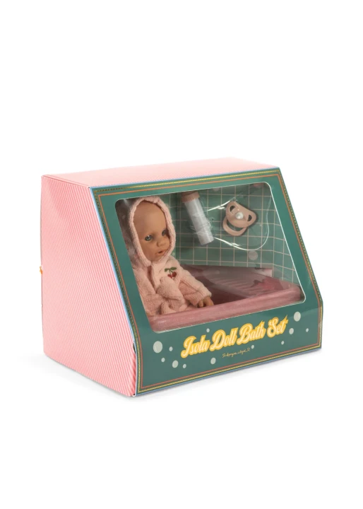 Konges Sløjd Isola Doll Bath Set Cherry – opakowanie zestawu z lalką