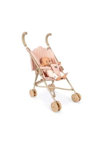 Konges Sløjd Poppy Doll Stroller Set Pink Check – lalka w składanej spacerówce