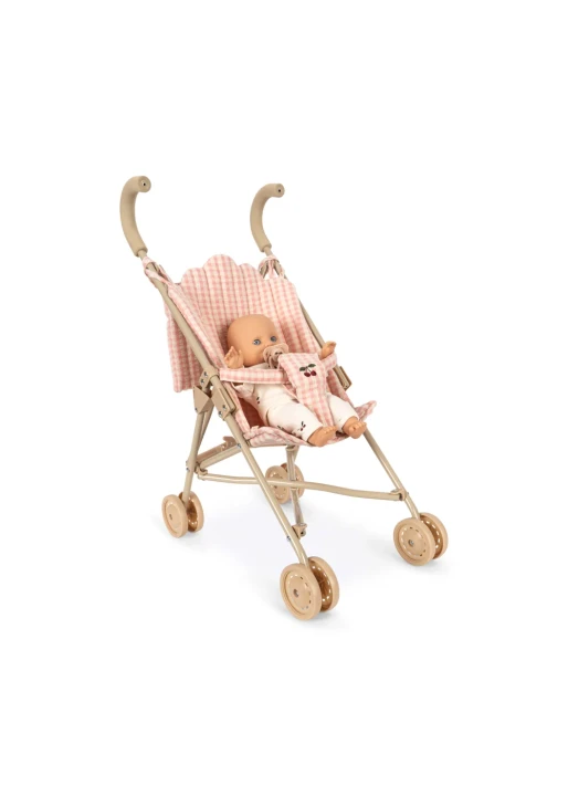 Konges Sløjd Poppy Doll Stroller Set Pink Check – lalka w składanej spacerówce