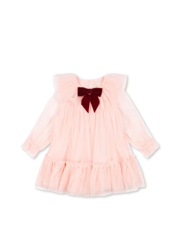 Konges Sløjd Bow Dress Creole Pink – różowa tiulowa sukienka dziecięca z dużą welurową kokardą, widok z przodu.