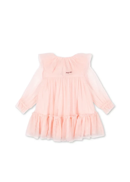 Konges Sløjd Bow Dress Creole Pink – widok sukienki od tyłu, pokazujący lekko rozkloszowany, warstwowy dół.