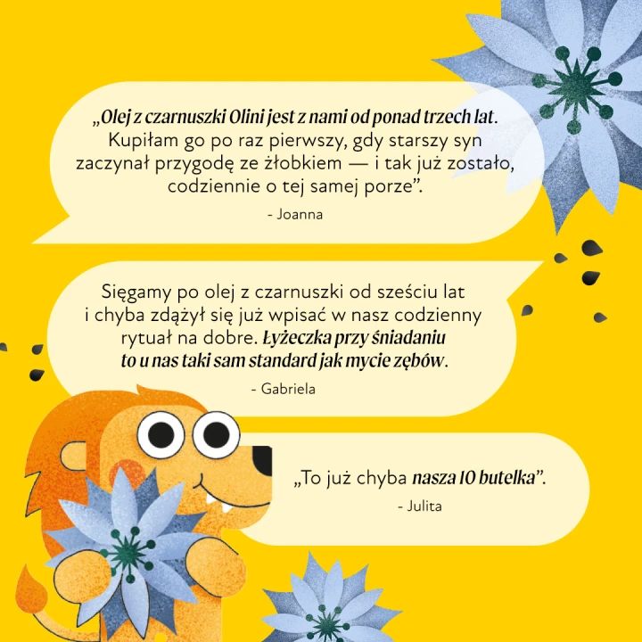 Olini olej z czarnuszki z lwem, grafika z opiniami klientów