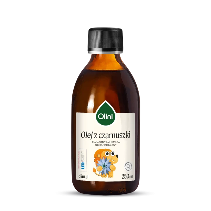 Olini olej z czarnuszki z lwem 250 ml w ciemnej szklanej butelce