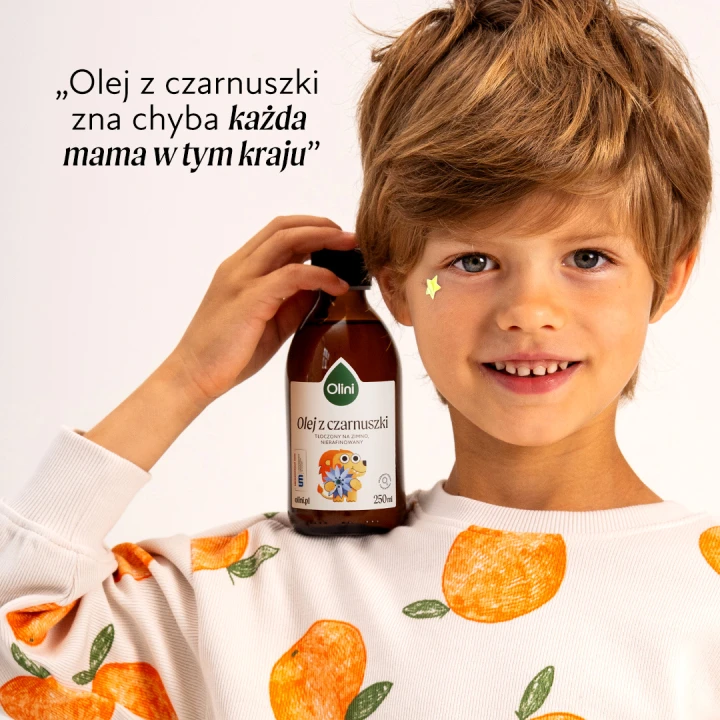 Olini olej z czarnuszki z lwem 250 ml, zdjęcie z dzieckiem