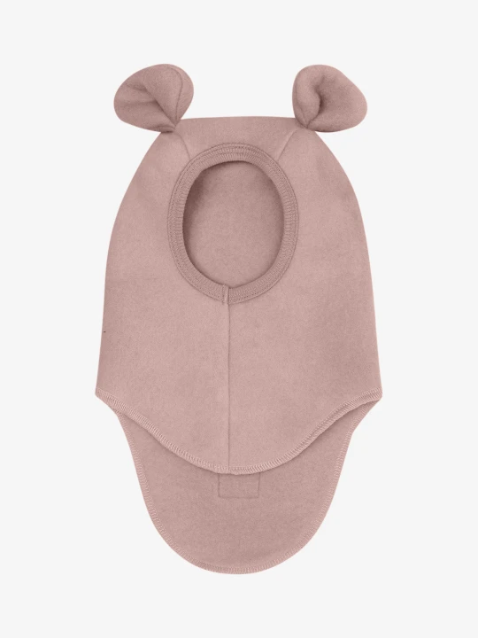 HUTTEliHUT Balaclava Ears Wool Fleece Mahogany Rose – różowa kominiarka z uszkami misia, widok z przodu
