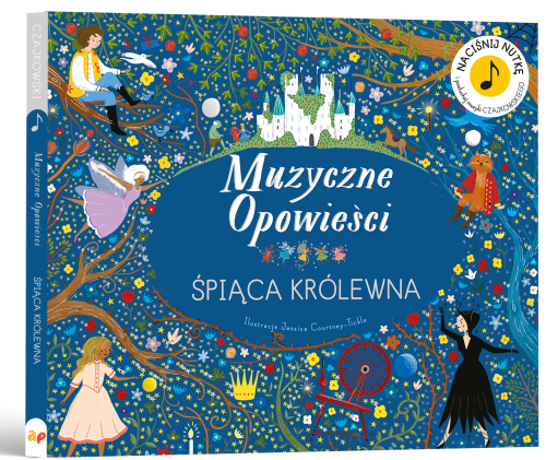 Api Papi Śpiąca królewna, niebieska okładka książki z muzyką Czajkowskiego