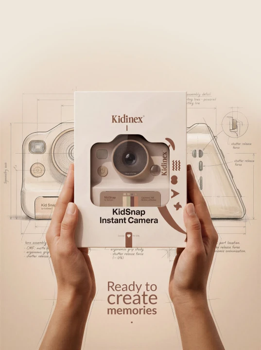 Kidinex KidSnap Beige – opakowanie aparatu trzymane w dłoniach
