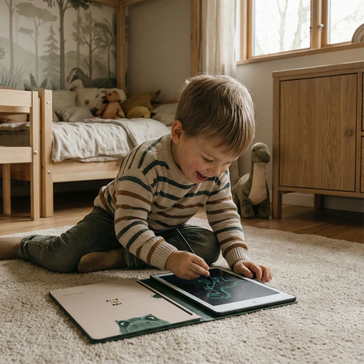 KidBook – tablet do rysowania podczas zabawy przy drewnianym stole
