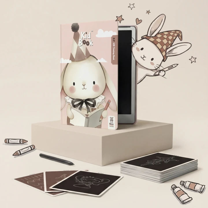 Kidinex KidBook Rabbit – różowy tablet do rysowania z kartami pracy, prezentacja zestawu