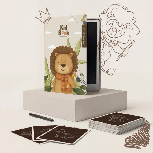 Kidinex KidBook Safari – beżowy tablet do rysowania z kartami pracy, prezentacja zestawu