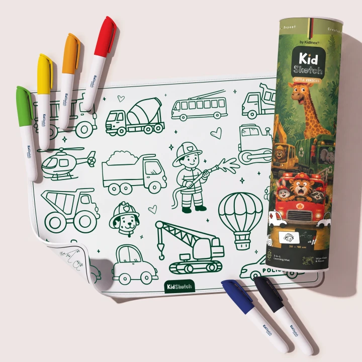 Kidinex Kid Sketch Little Vehicles – silikonowa mata do kolorowania pojazdów z markerami, zestaw