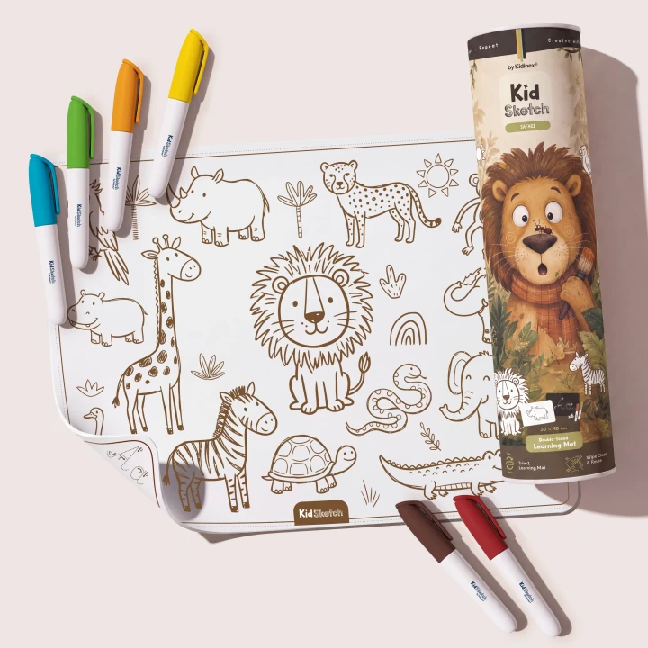 Kidinex Kid Sketch Safari – silikonowa mata do kolorowania z markerami, zestaw