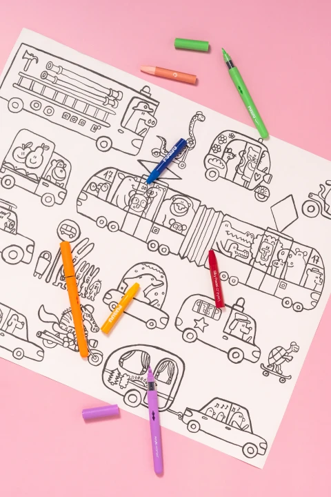 PUQUU Bazgrolka Pojazdy - ilustracje z tramwajem i wozem strażackim