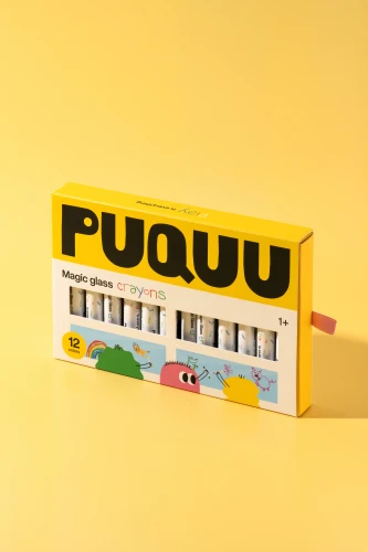 PUQUU Magic Glass Crayons 12 kolorów - opakowanie na żółtym tle