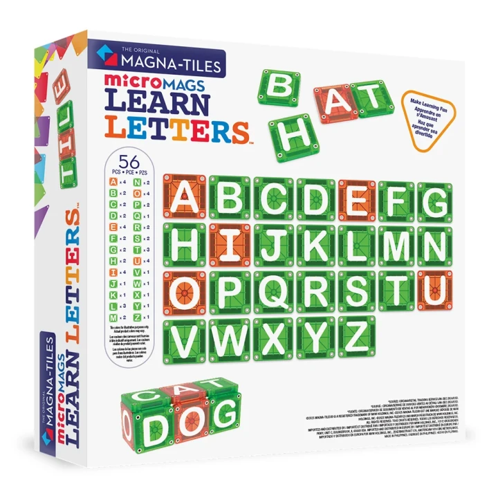 MAGNA-TILES microMAGS LEARN Letters 56 el. – tył opakowania z alfabetem i zawartością zestawu
