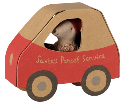 Maileg Christmas mouse Little sister in car box myszka w pudełku Santa’s Parcel Service