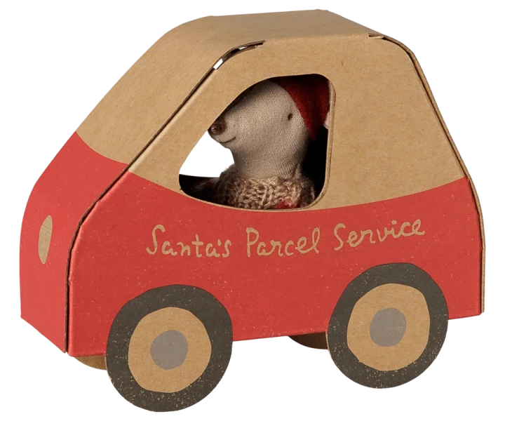 Maileg Christmas mouse Little sister in car box myszka w pudełku Santa’s Parcel Service