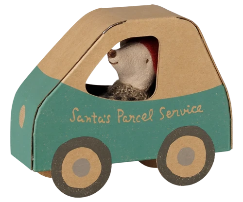 Maileg Christmas mouse Little brother in car box myszka w zielonym pudełku samochodzie