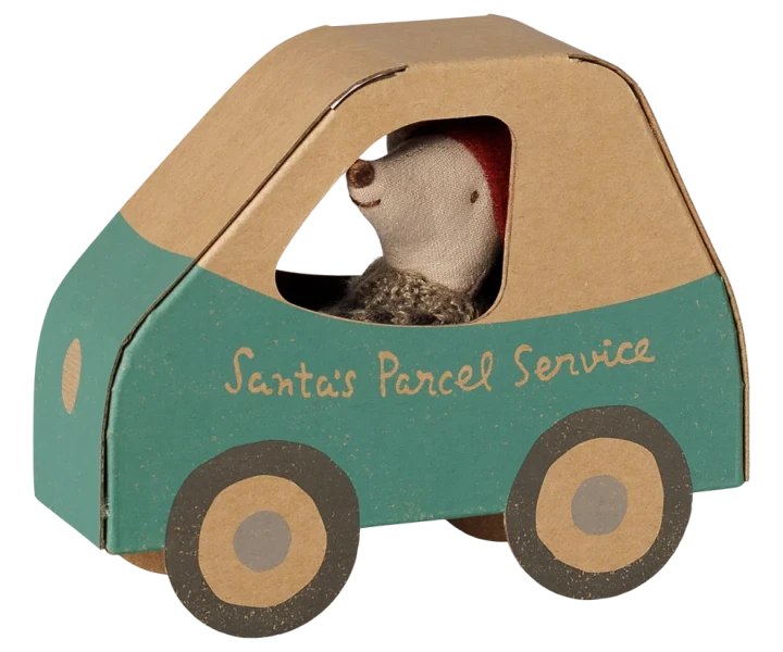 Maileg Christmas mouse Little brother in car box myszka w zielonym pudełku samochodzie