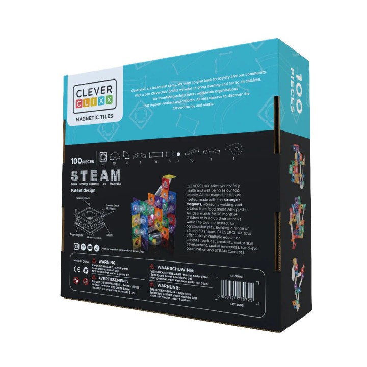 Cleverclixx klocki magnetyczne tor kulkowy LED 100 elementow opakowanie zestawu