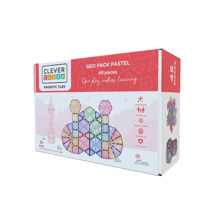 Cleverclixx Geo Pack Pastel 45 elementów – pudełko klocków magnetycznych