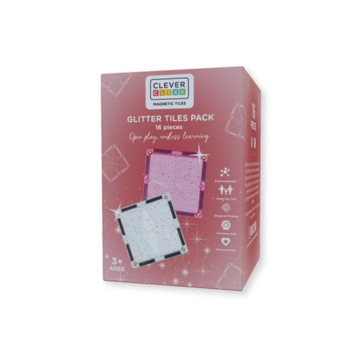 Cleverclixx Glitter Tiles Pack Transparent Pink 16 elementów – pudełko zestawu