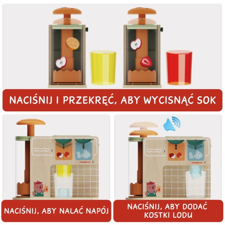 Drewniany bar z sokami Juice Boutique z owocami, lodem i kubkiem