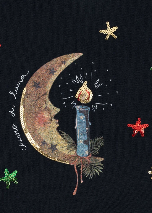 Loupy Lou Dark Navy – zbliżenie motywu księżyca i cekinowych gwiazdek