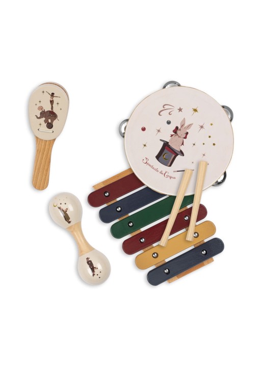 Drewniane instrumenty dla dzieci z zestawu Konges Sløjd Music Sets Circus – tamburyn, marakasy i bębenek
