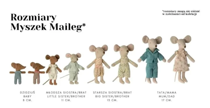 Maileg Dad Mouse – porównanie rozmiarów myszek Maileg