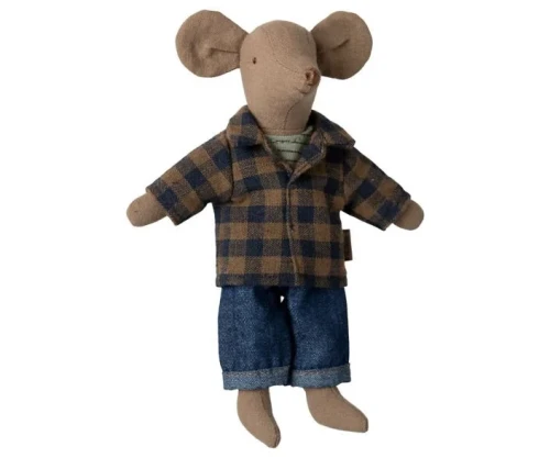 Maileg Dad Mouse Light Brown – myszka Tata 15 cm w koszuli w kratę i jeansach