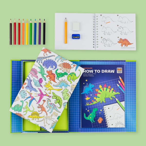 Elementy zestawu Tiger Tribe Jak Rysować Dinozaury – plansze i akcesoria