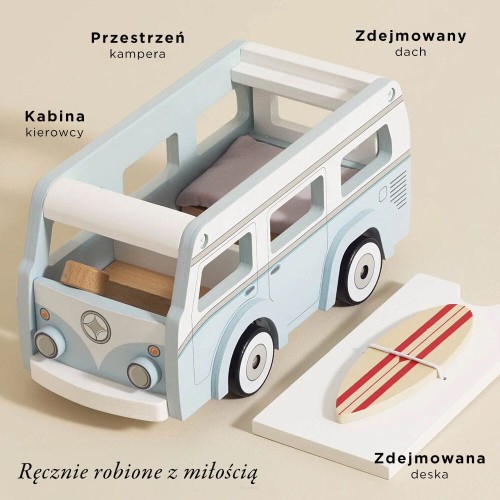 Drewniany kamper Le Toy Van ze zdejmowanym dachem i deską surfingową