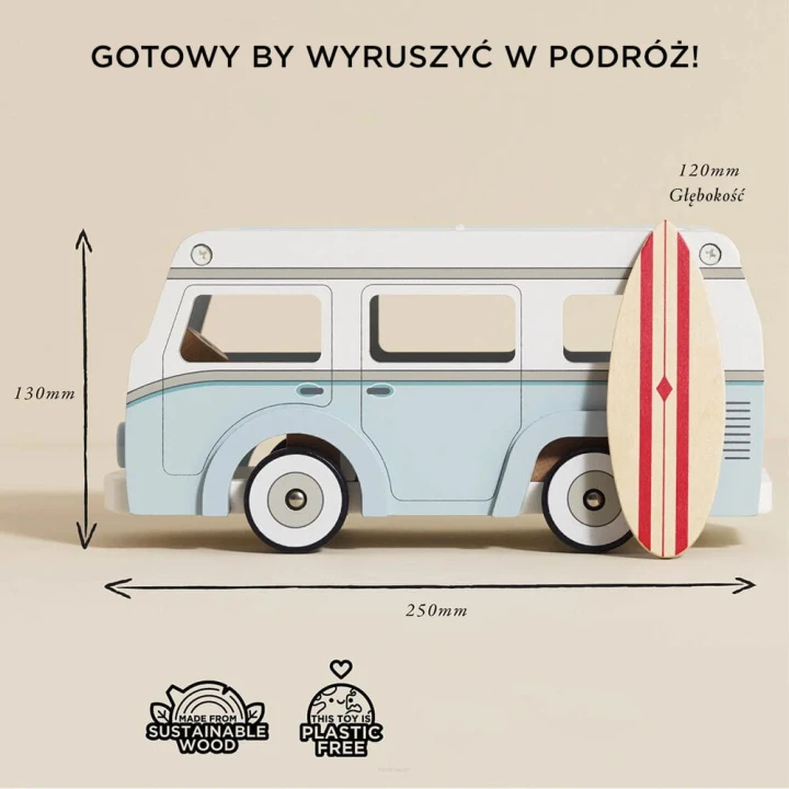 Wymiary drewnianego kampera Le Toy Van z deską surfingową