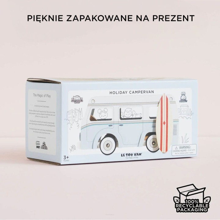 Zbliżenie na detale drewnianego kampera Le Toy Van (FSC).