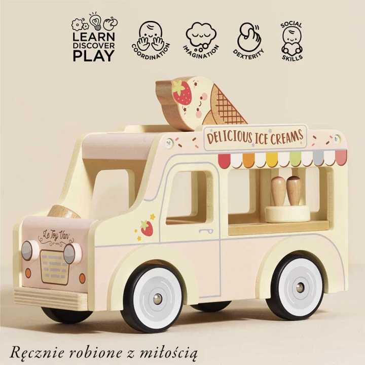 Otwierany dach z menu – drewniana lodziarnia Dolly Le Toy Van do zabawy w sklep.