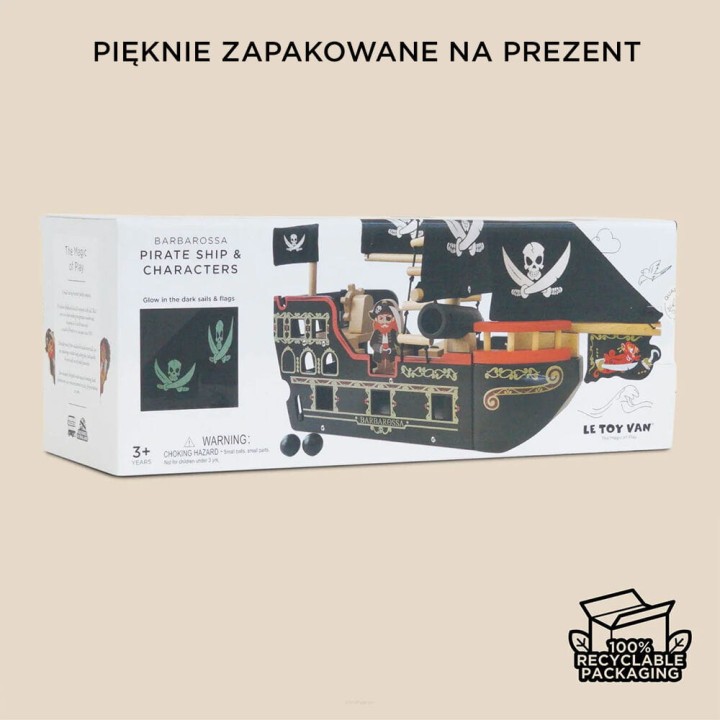 Zbliżenie na wykonanie – drewniany statek piracki Barbarossa Le Toy Van (FSC).