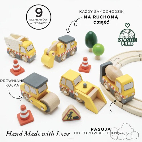 Koparka, betoniarka, walec i więcej – drewniane maszyny budowlane dla dzieci 2+.
