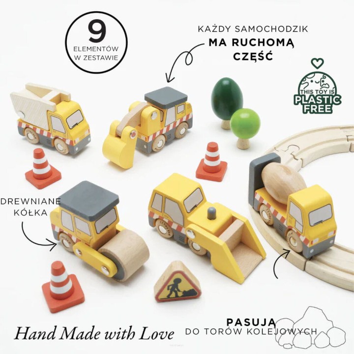 Koparka, betoniarka, walec i więcej – drewniane maszyny budowlane dla dzieci 2+.