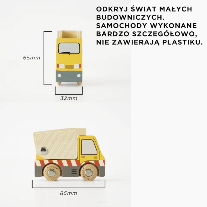 Zbliżenie na wykonanie – drewniany zestaw pojazdów budowlanych Le Toy Van (FSC).
