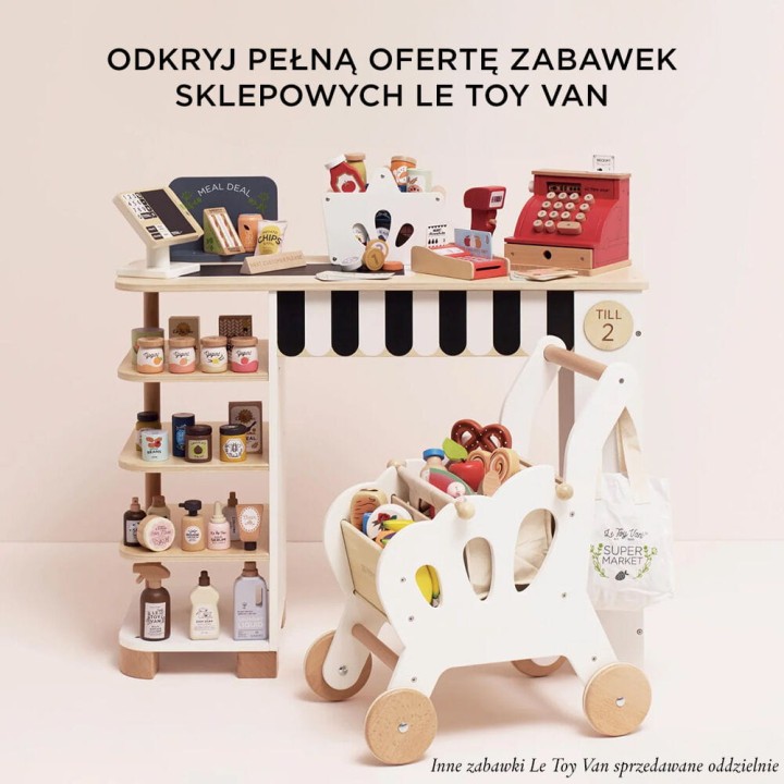Drewniana kasa sklepowa Le Toy Van – zdjęcie produktu z pudełkiem.